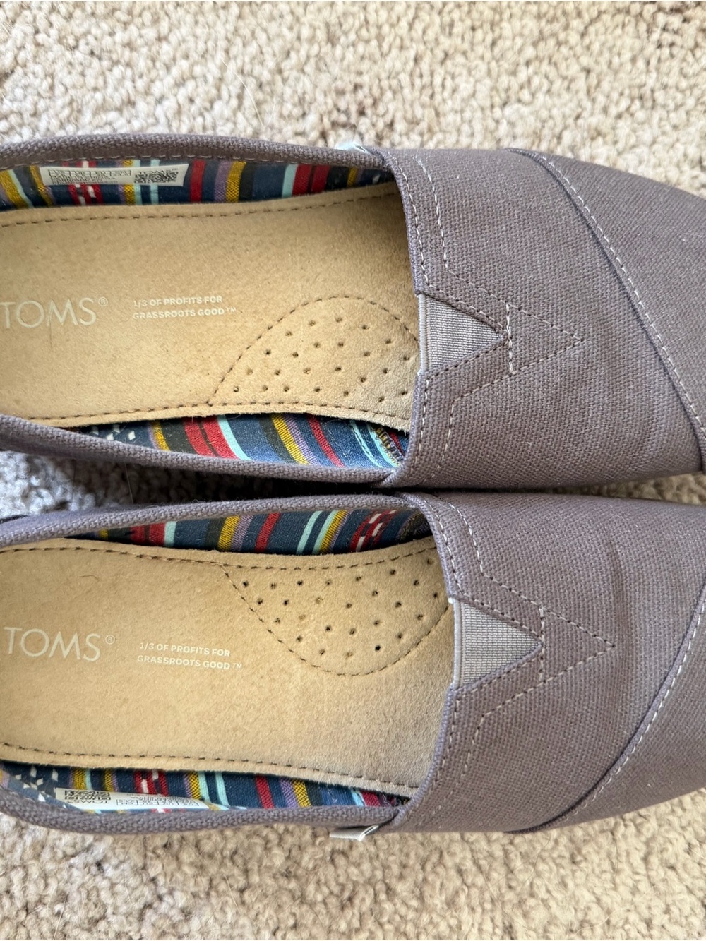 TOMS Gray Canvas Slip-On Loafers with Striped Lining